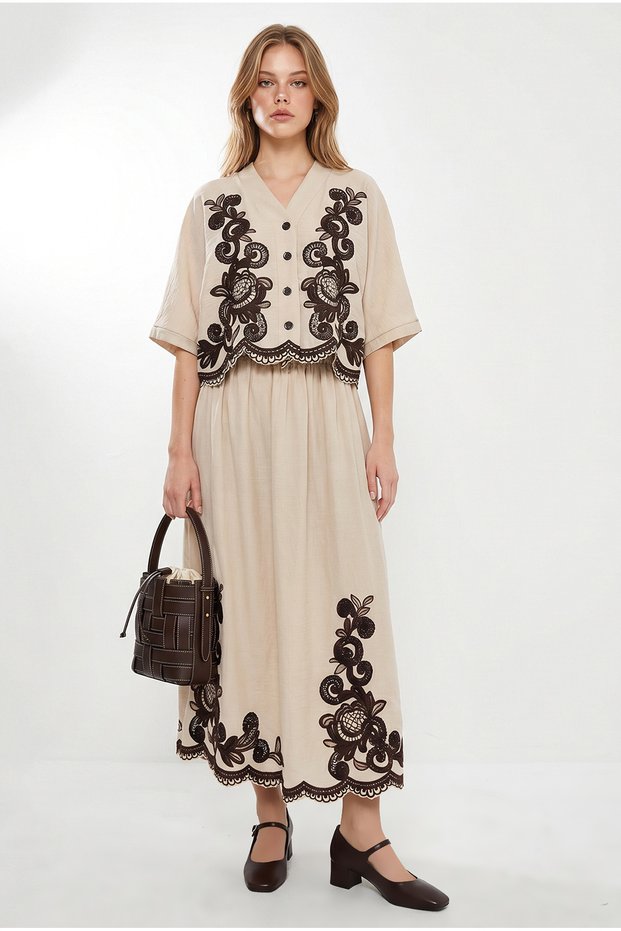Women's Cream Brown Embroidery Detailed Bat Sleeve Shirt Lined Skirt Bottom-Top Set 60283438