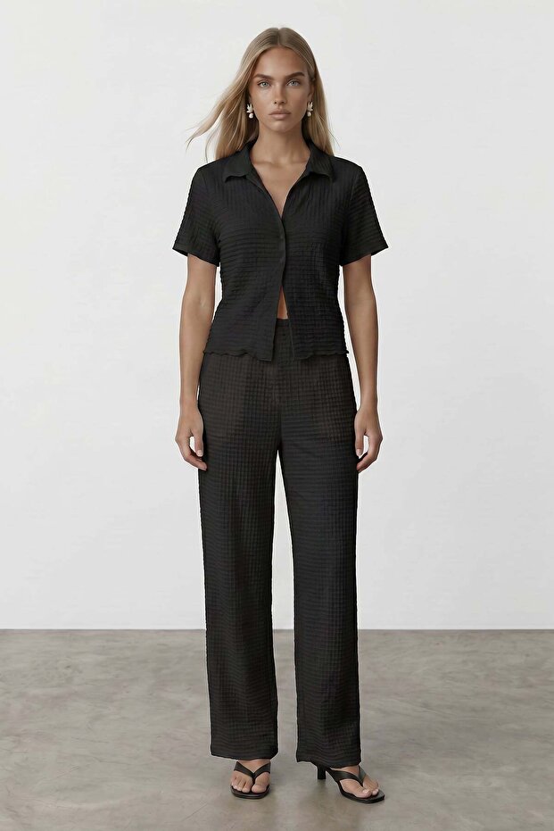 Black Button Detailed Gofre Blouse and Trousers Set Alc-X15530