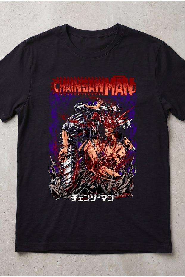 Chainsaw Man Denji Battle Scene Design Black and White Standard Fit Anime T-Shirt