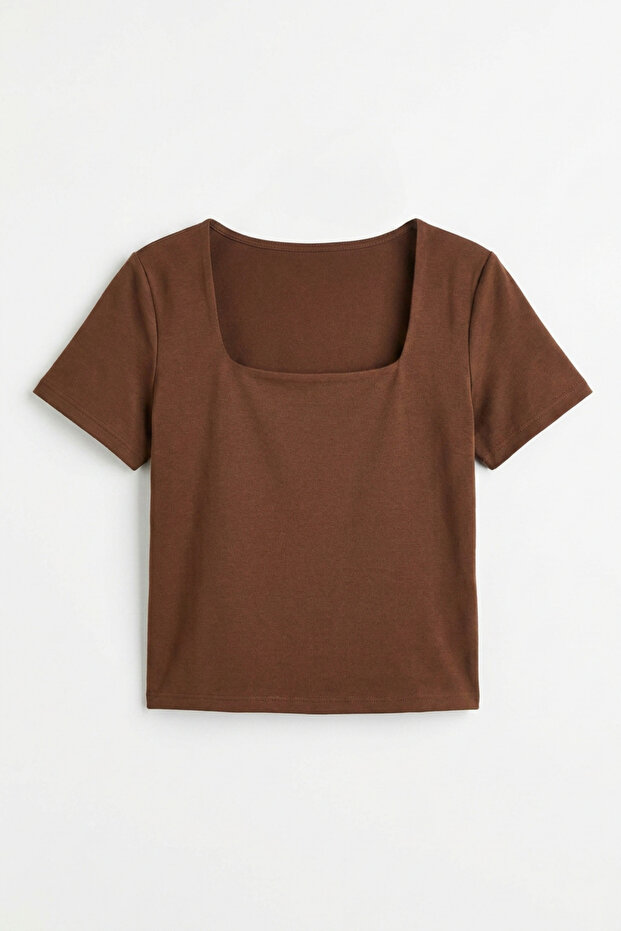 Square Neck Slim Fit Short Fit Women's T-Shirt & Blouse - Brown
