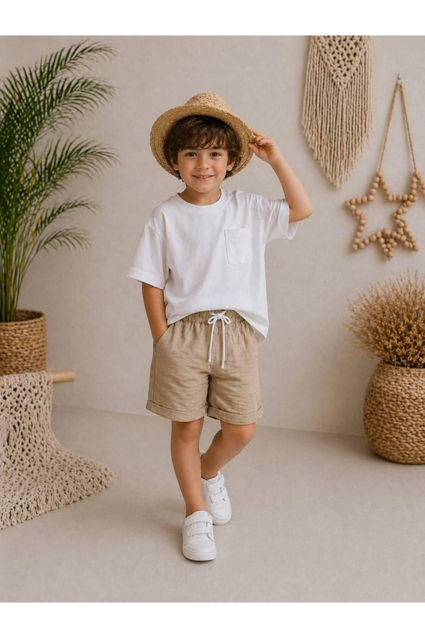 Boy's 100% Linen Shorts and Basic Pocket T-Shirt Set - Natural Fabric Summer Combination