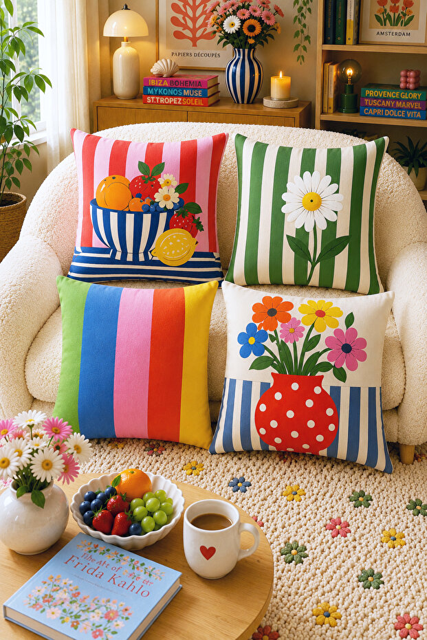 Ays Home Flowerpot Patterned Garden Home 4-Piece Throw Pillow Cover Set