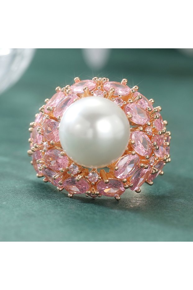 6 Gold-color B661 Luxury Romantic Imitation Pearl Pink Synthetic Zirconia Golden Ring Women's Elegan