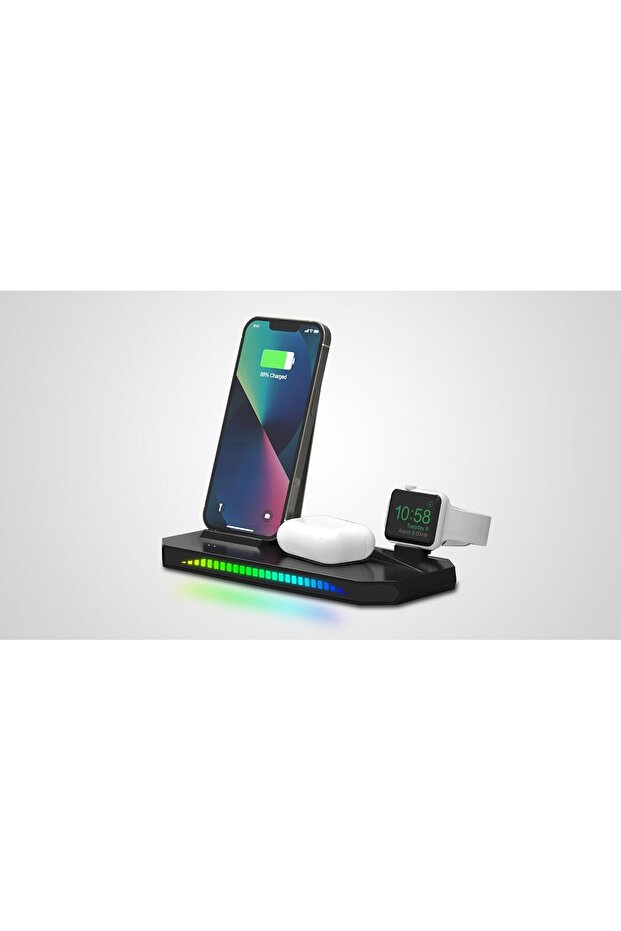3 in 1 Wireless Charger, Sound Pickup RGB, 15W Fast Charging, Black