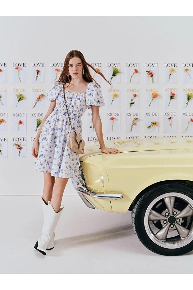 Blue Square Collar Floral Women's Dress