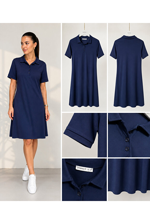 Navy Blue Polo Collar Button Detailed Midi Dress