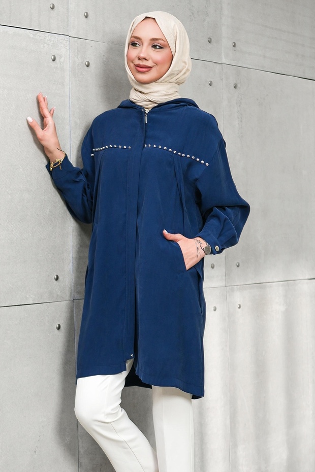 Navy Blue Hooded Tunic with Hidden Zipper