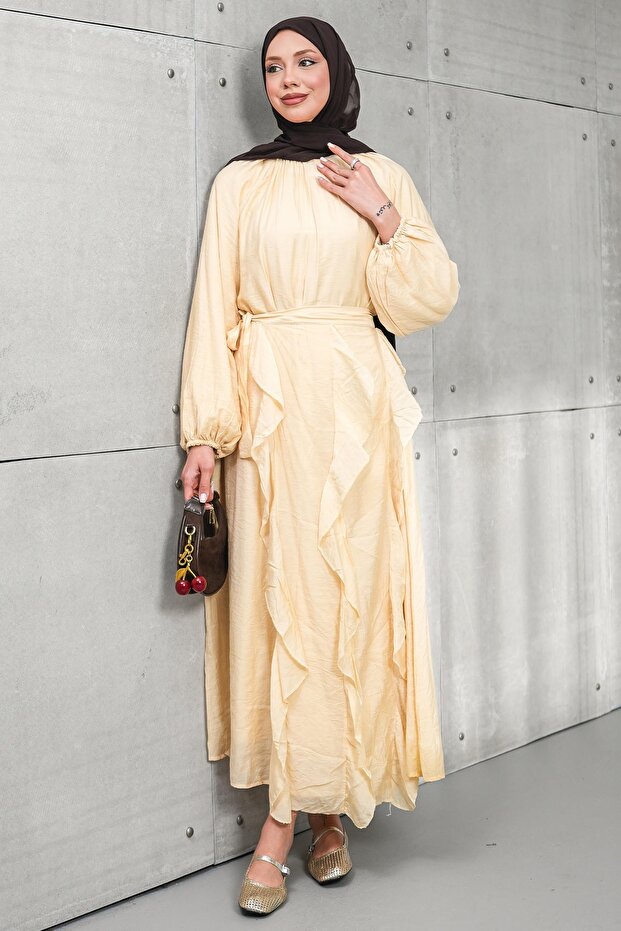 Beige Balloon Sleeve Dress with Skirt