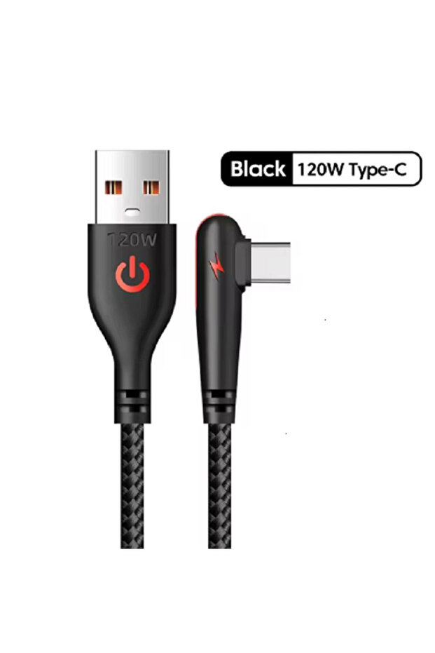 كابل شحن سريع USB إلى Type-C بطول 2 متر، أسود، 120 واط، تصميم بزاوية 90 درجة، مجدول بالنايلون، لنقل البيانات للهواتف المحمولة