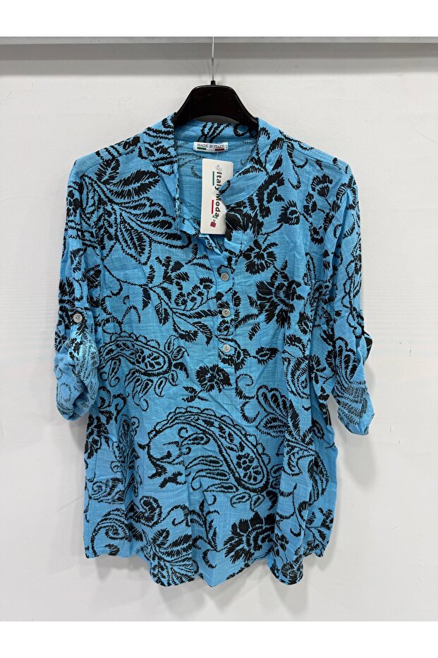 Women's Turquoise Italian Ethnic Shawl Pattern Dominant Collar Folded Fakir Sleeve Blouse 40 - 44 Size