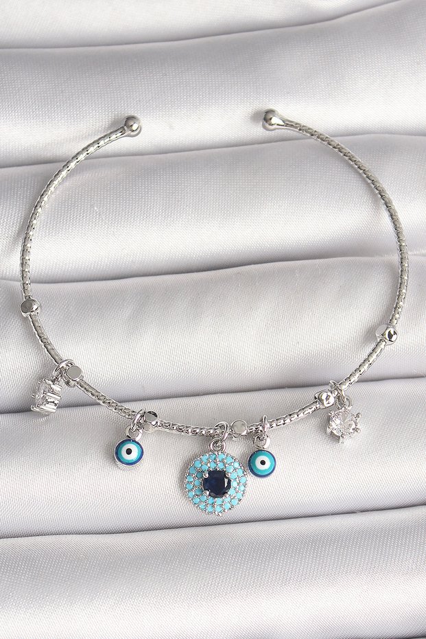 Brass Silver Color Dangle Zircon Stone Evil Eye Bead Figure Charm Women's Bracelet - Eterna7917-5
