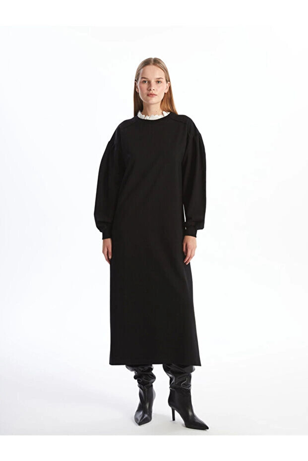 Women's Modest Black Ruffled High Neck Sweatshirt Dress