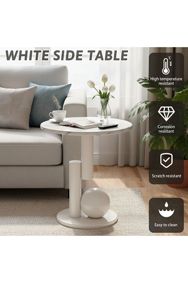 Round Side Table,Marble Pattern End Table with Geometric Base,Small Coffee Table,Sofa Side - 2