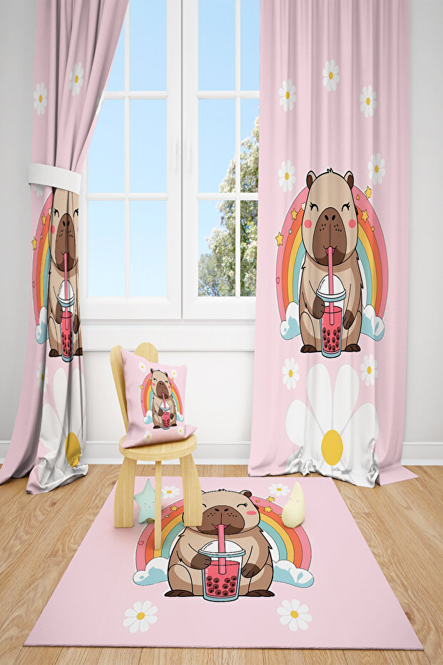 Capybara Daisy Patterned Single Wing Background Curtain - 3