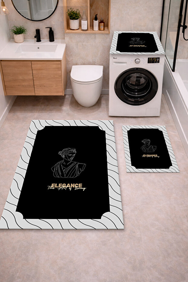 Non-Slip Base Digital Printed 3-Piece Bathroom Mat Set – Washing Machine, Toilet Seat, and Bathroom Rug