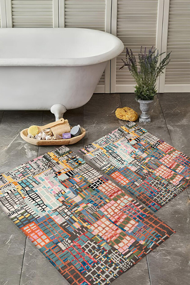 طقم سجادة حمام مكون من قطعتين مع قاعدة مقاومة للانزلاق وقابلة للغسل، سجادة حمام بتصميم أنيق