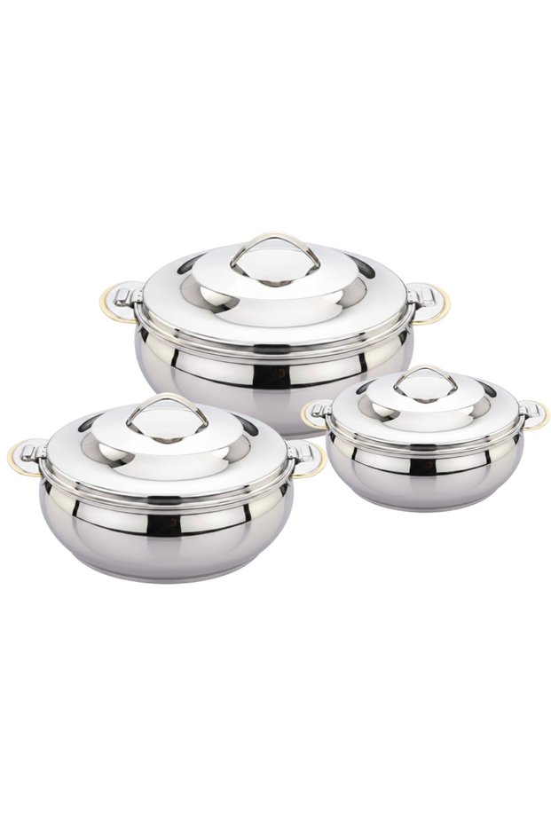 Marwa Stainless Steel Hotpot 3-Piece Set- 2.5L/3.5L/5L | Double Wall Insulated Casserole Set | Steel Finish