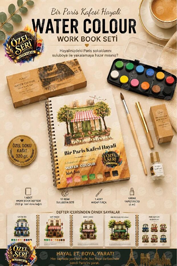 TUĞSET Premium Yönlendirmeli Sulu Boya Hobi Seti Watercolor Workbook Defter Bir Paris Kafesi Hayali(tutkal,