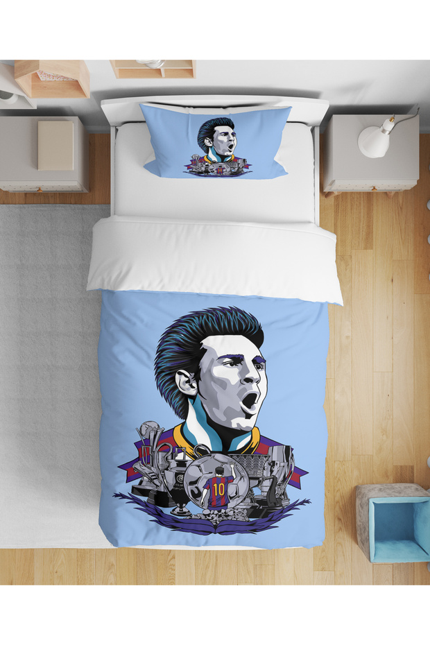 Messi Football Patterned 3D Digital Printed Single Youth Boy's Duvet Cover Set Without Sheets