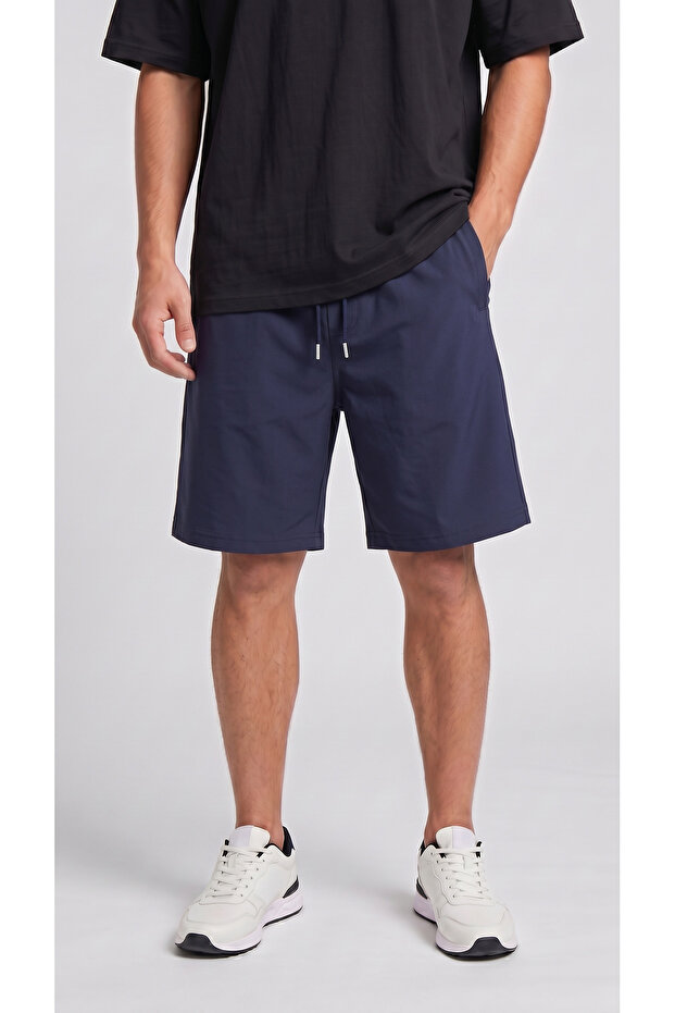 Navy Blue Parachute Fabric (Woven) Shorts with Back Pockets and Zipper Bermuda