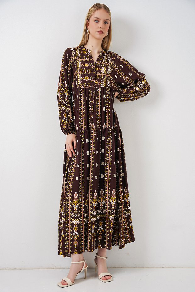 Women's Patterned Long Hijab Dress 1155 - Plain Brown