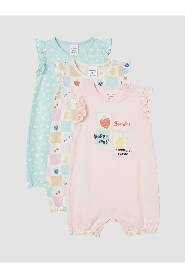 Lcw Baby Ecru Crew Neck Printed Baby Girl Jumpsuit 3-Piece