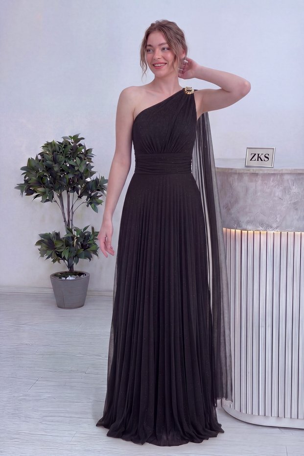 Women's One-Shoulder Cape Brooch Detailed Glittery Long Evening Dress Black, Burgundy, Indigo, Red, Navy Blue, White