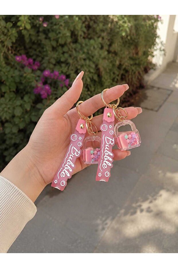 2 Pieces of Pink Color Keychain with Water Inside, Bag Accessory, Gift, Bubble 2-Piece Keychain