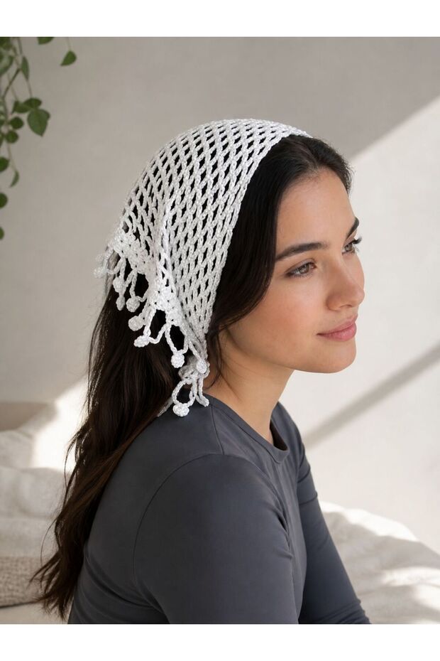 Women's Handmade Knitted Bandana Bohemian Retro Hair Scarf White