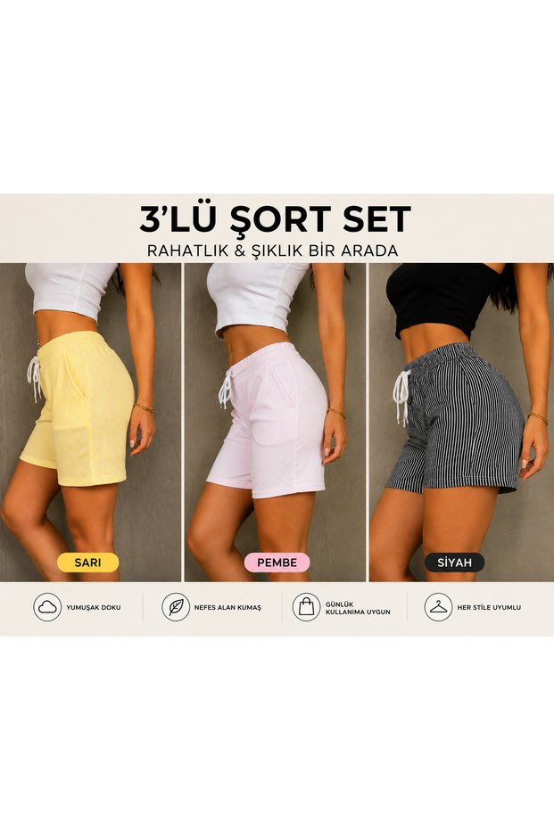 Women's 3-Piece Striped Shorts Set Yellow Pink Black Color Elastic Waist Comfortable Casual Shorts