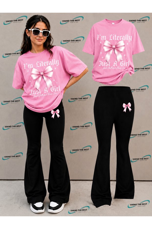 Summer Black Spanish Flared Pants and T-Shirt, I'M Just a Gırl Pink Big Ribbon Print Design Kids Girls Set