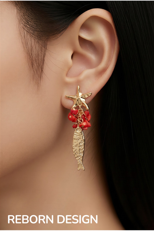 Gold Star Earrings with Fish Figure and Red Beads