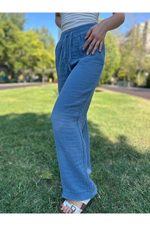 Women's Blue 100% Cotton Muslin Fabric Wide Leg Pants