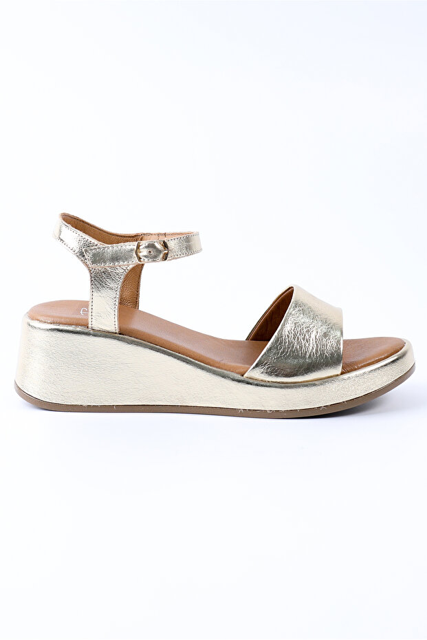 Genuine Leather Gold Wedge Heel Women's Sandals - Z262292