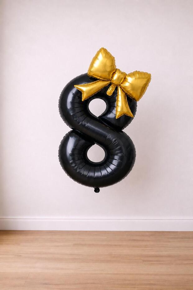 Gold Bow & Black 8 Number Foil Balloon Set
