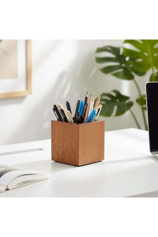 Boxy Wooden Pen Holder, Brown