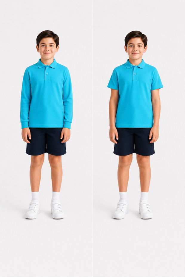 100% Cotton Turquoise Long Sleeve & Short Sleeve 2 Piece Polo Collar T-Shirt