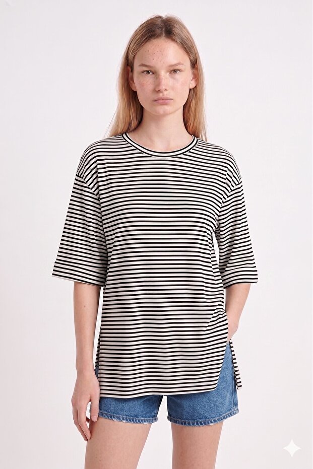White Black Striped Oversize Double Sleeve Long T-Shirt with Side Slits | Cotton Basic Crew Neck Single Jersey Fabric Casual Comfortable T-Shirt | Standard Size All Season
