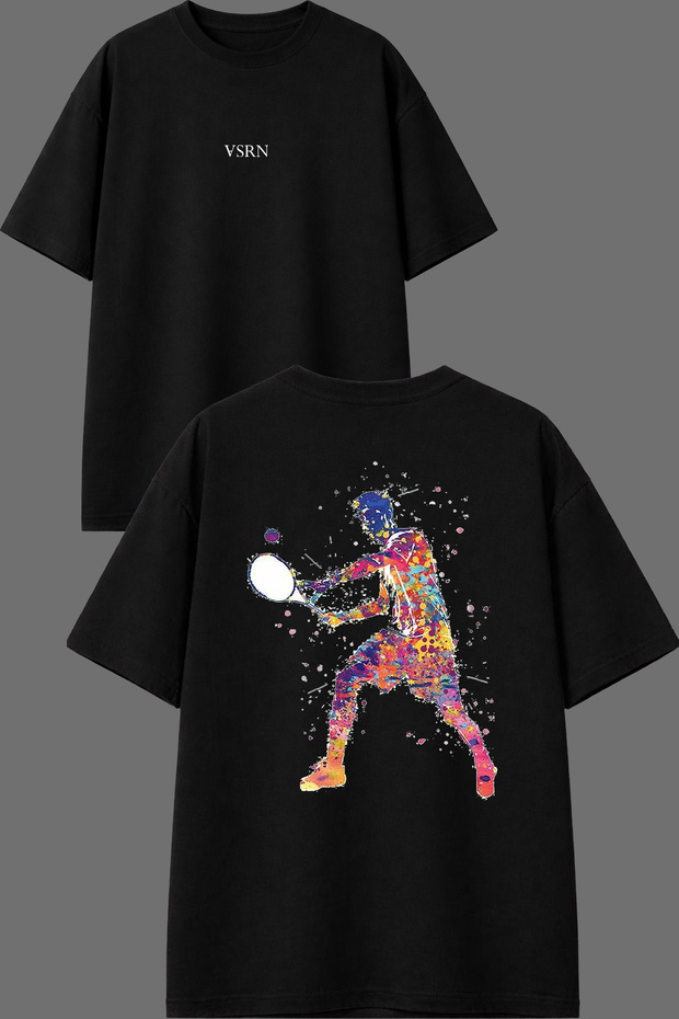 Man Holding a Racket Design Front and Back Printed Black Oversize T-Shirt