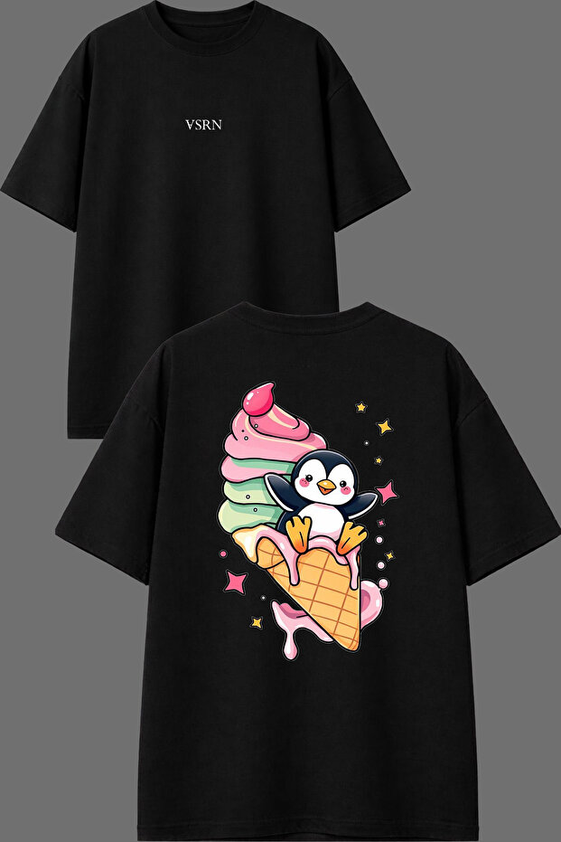 تي شيرت أسود كبير الحجم بتصميم Ice Cream Penguin مطبوع من الأمام والخلف