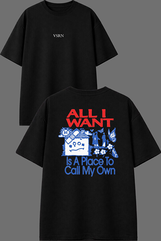 تي شيرت أسود كبير الحجم مطبوع من الأمام والخلف بتصميم All I Want