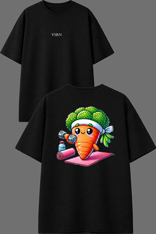 Carrot I Started Fitnessing Design Front and Back Printed Black Oversize T-Shirt