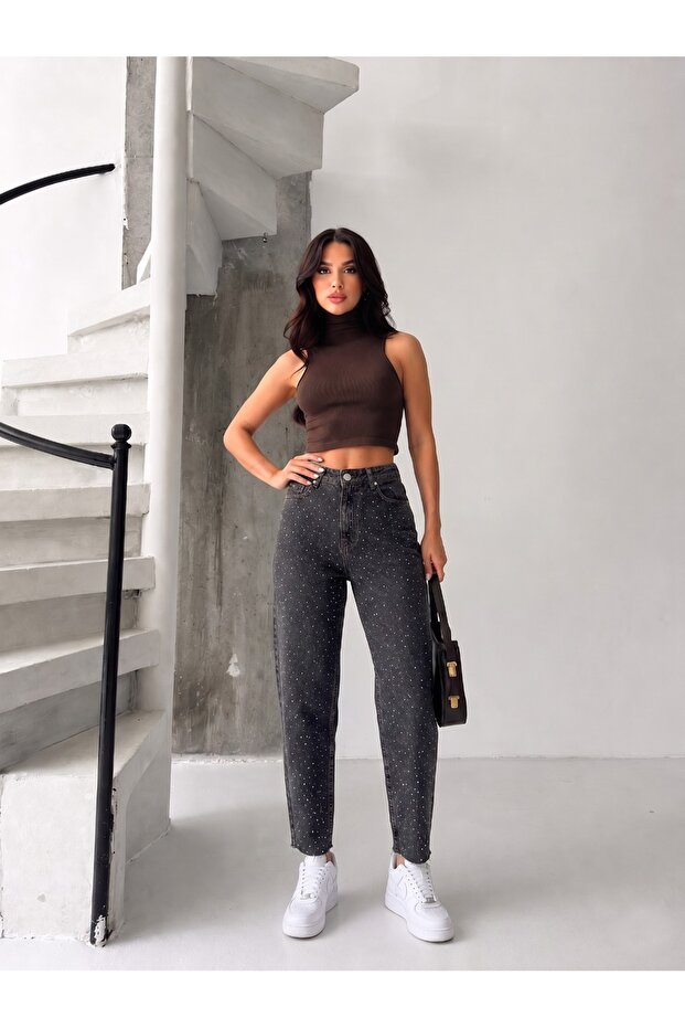 Brown Tinted Cut-Edge Stone-Finished Mom Denim Pants