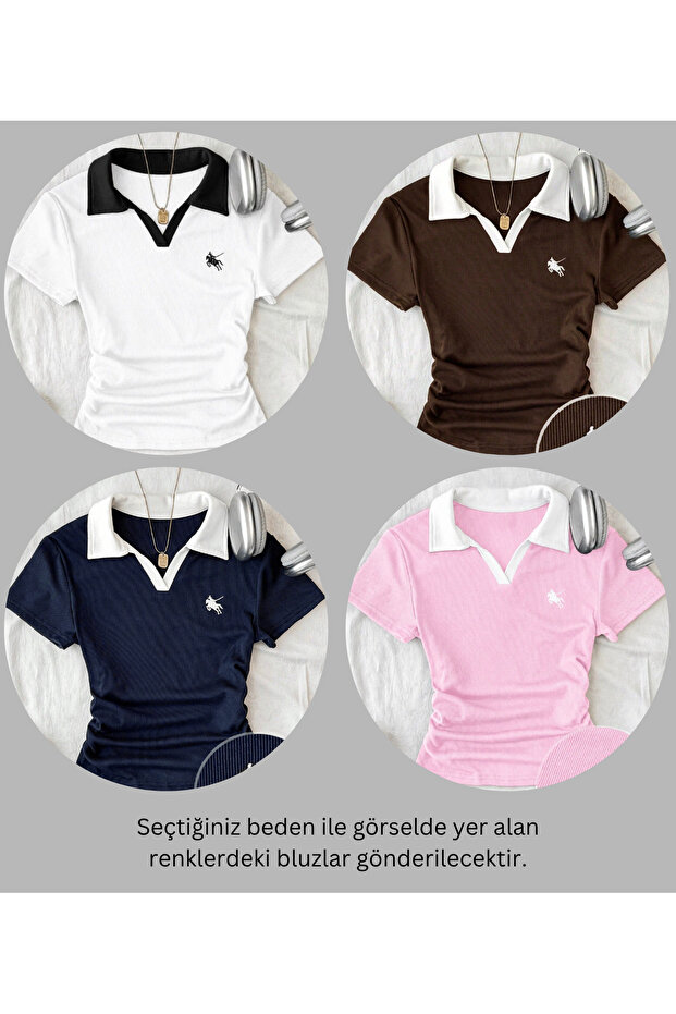 4-Piece Soul Colorful Polo Collar Embroidered Drawstring Blouse
