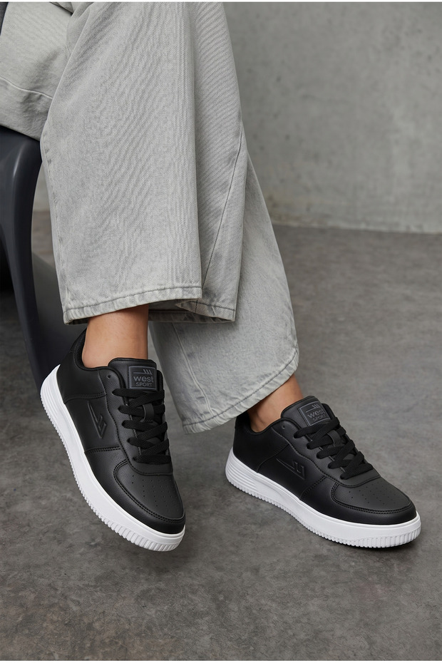 Women's Black Lace-Up Contrast Detailed Casual Walking Sneaker Sports Shoes Te01