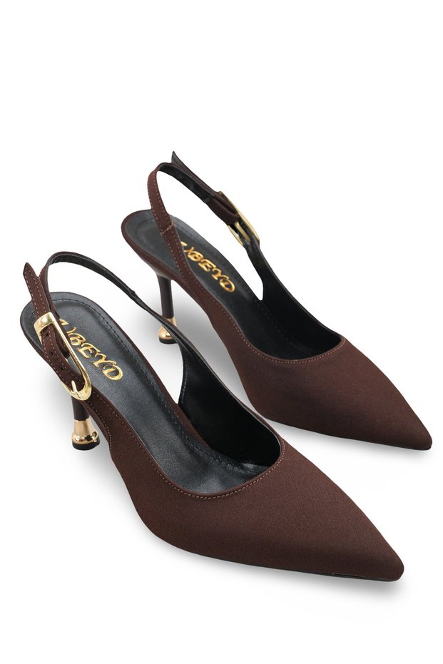 Women's Coffee-Colored Leather Open Back Pointed Toe Buckle Goblet Heeled Shoes