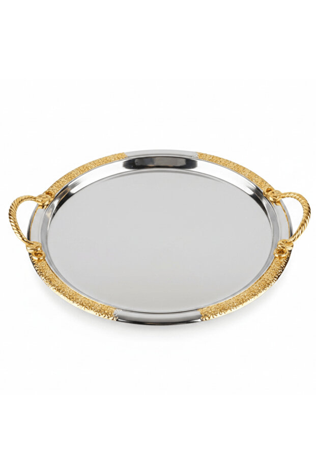 Royal Gold-Rimmed Silver Serving Tray with Braided Gold Handles | 35 cm | Premium Hospitality Tableware