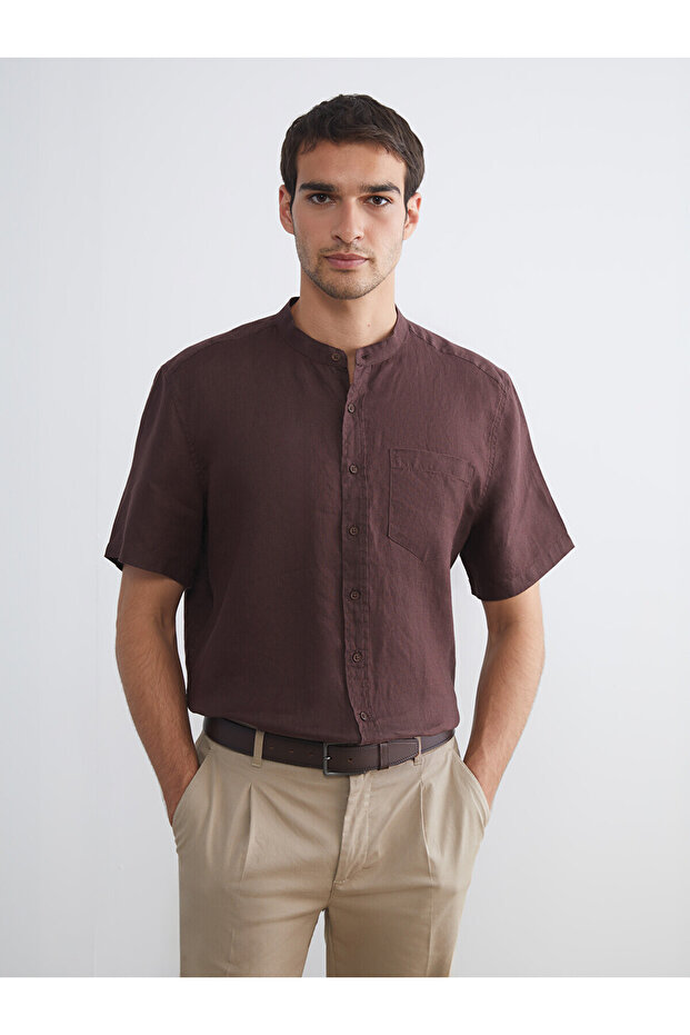 Nevavm Regular Fit Stand Collar Short Sleeve 100% Linen Men's Shirt with a Difference
