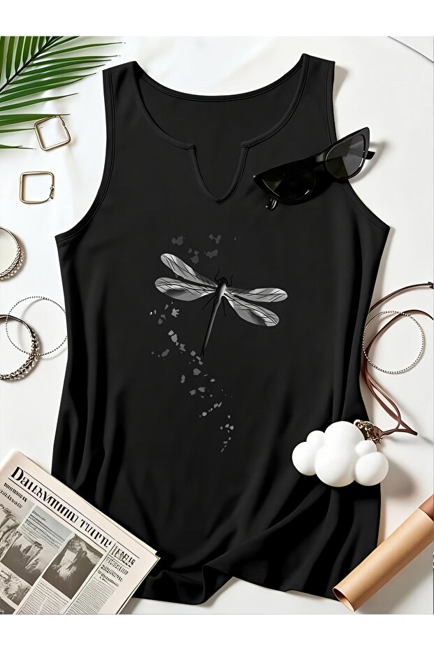 Women's Yusufçuk Printed Half V-Neck Sleeveless Regular Fit Casual T-Shirt