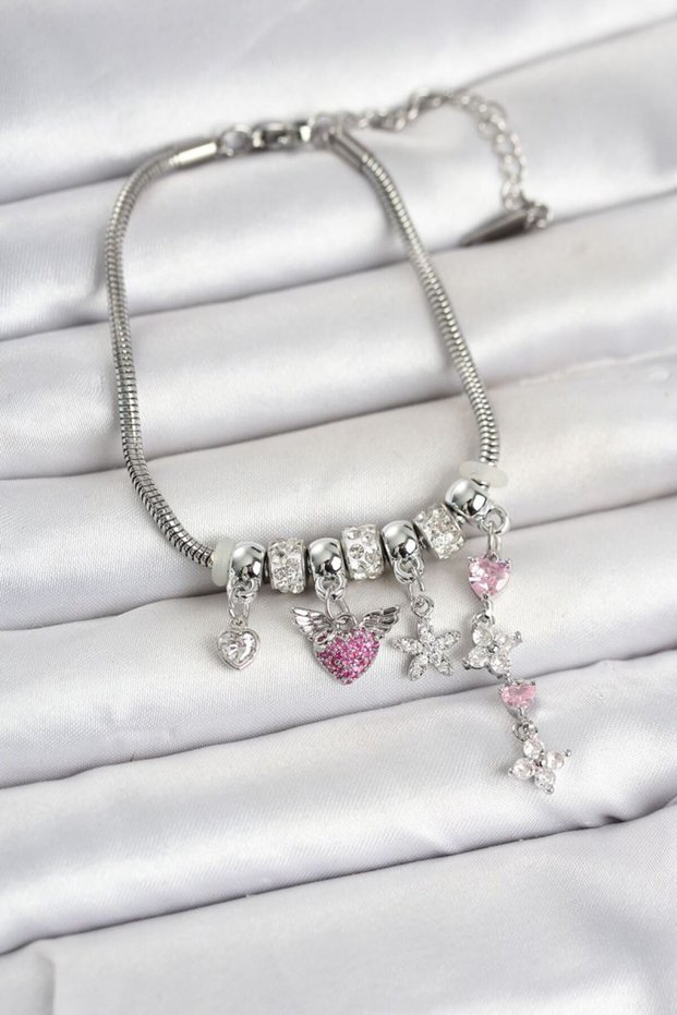 Brass Silver Color Heart and Flower Detailed Charm Women's Bracelet
